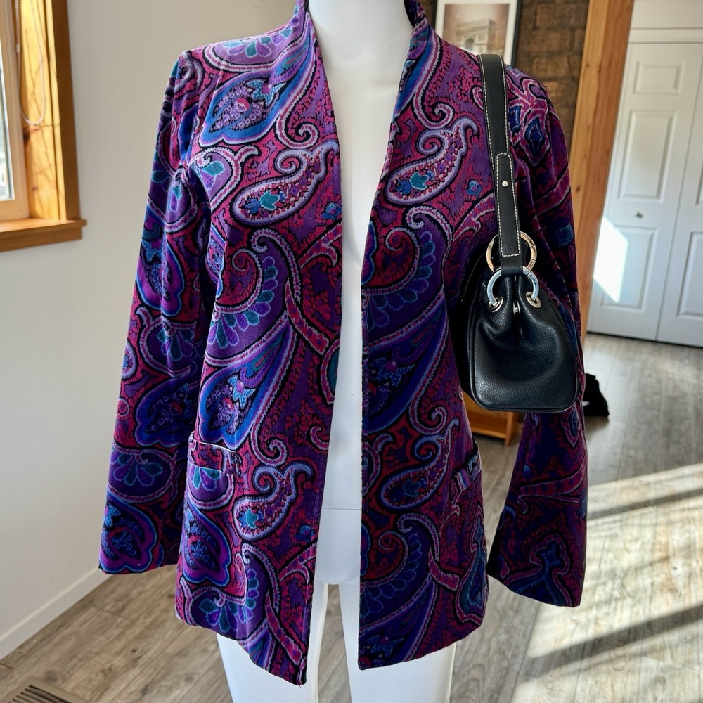 Vtg 80s Tan Jay Paisley Blazer Jacket Size 8 Made in USA Jewel Tone Purple Pink